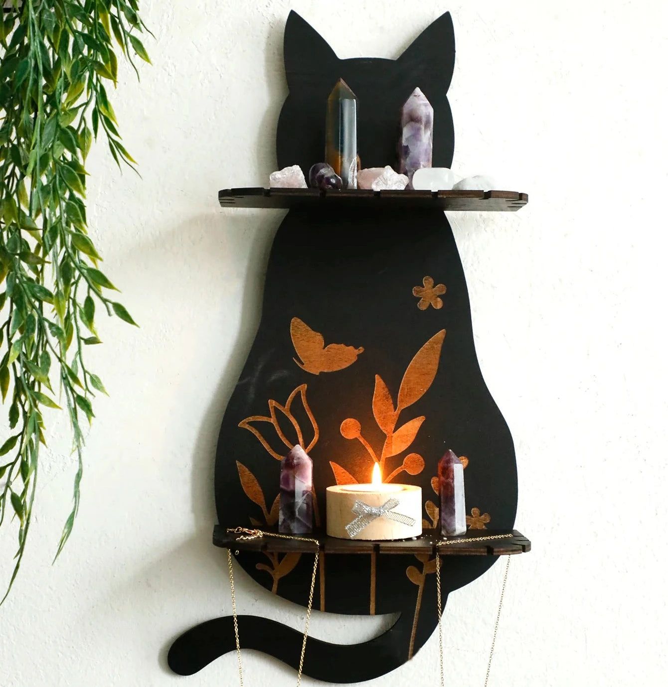 Flower Black cat Crystal Shelf Display Witchy Home Decorations Black Cat Wooden Wall Shelf-MoonChildWorld