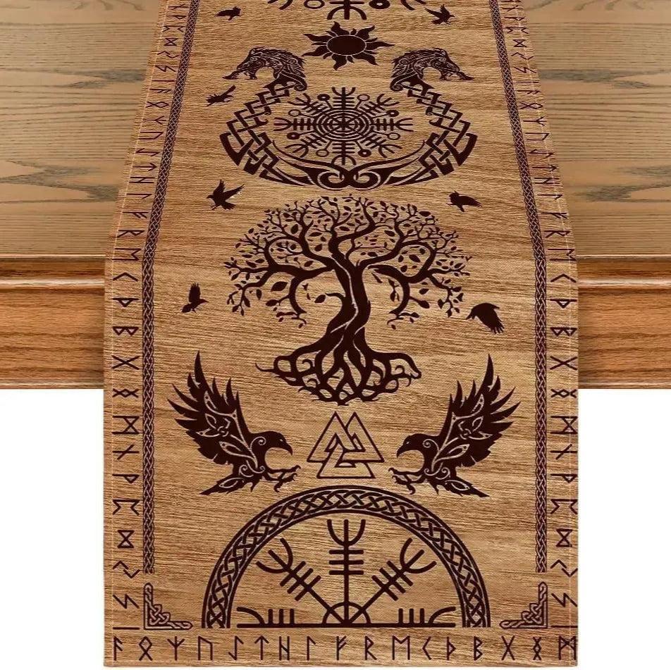 Viking Runes Tree of Life Linen Table Runners - Norse runes Pagan Table Runner Viking Home Decor-MoonChildWorld
