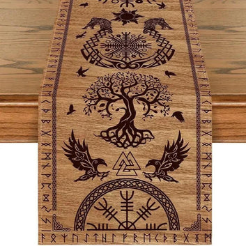 Viking Runes Tree of Life Linen Table Runners - Norse runes Pagan Table Runner Viking Home Decor