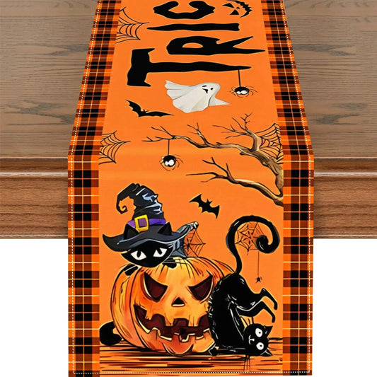 Halloween Horror Pumpkins Black Cat Table Runner - Gothic Table Runner for Witch Home Decor