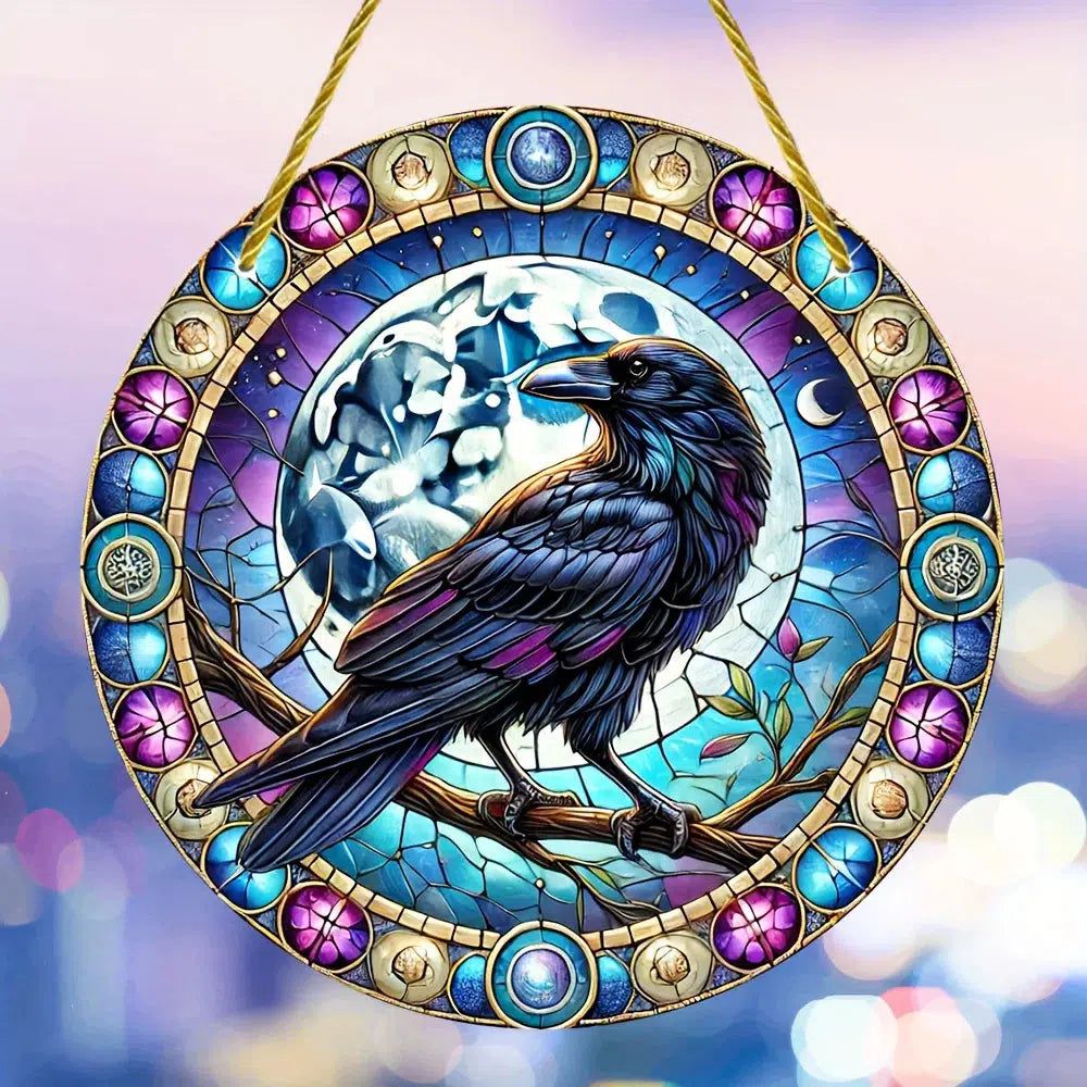 Moon Raven Suncatcher Halloween Crow Window Hanging Gothic Crow Suncatcher-MoonChildWorld