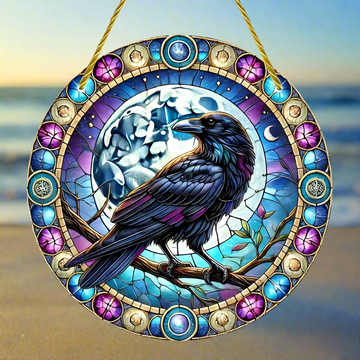 Moon Raven Suncatcher Halloween Crow Window Hanging Gothic Crow Suncatcher-MoonChildWorld