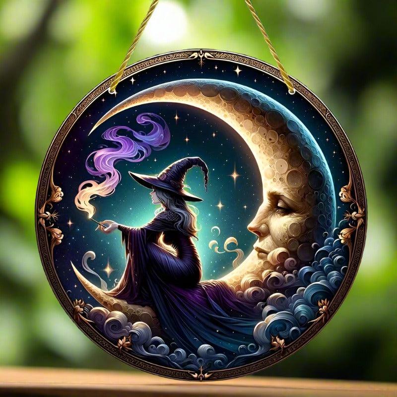 Magic Witch on the Moon Window Hanging Witch Acrylic Sign-MoonChildWorld