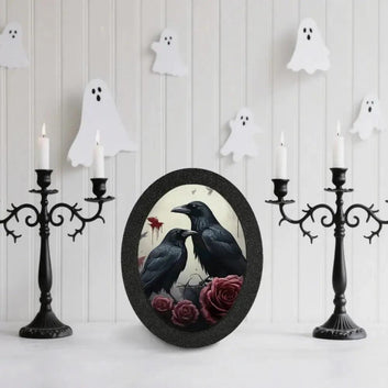 Dark Crows Gothic Wooden Oval Frame - Witchy Ravens Oval Wall Art - Halloween Wall Decoration