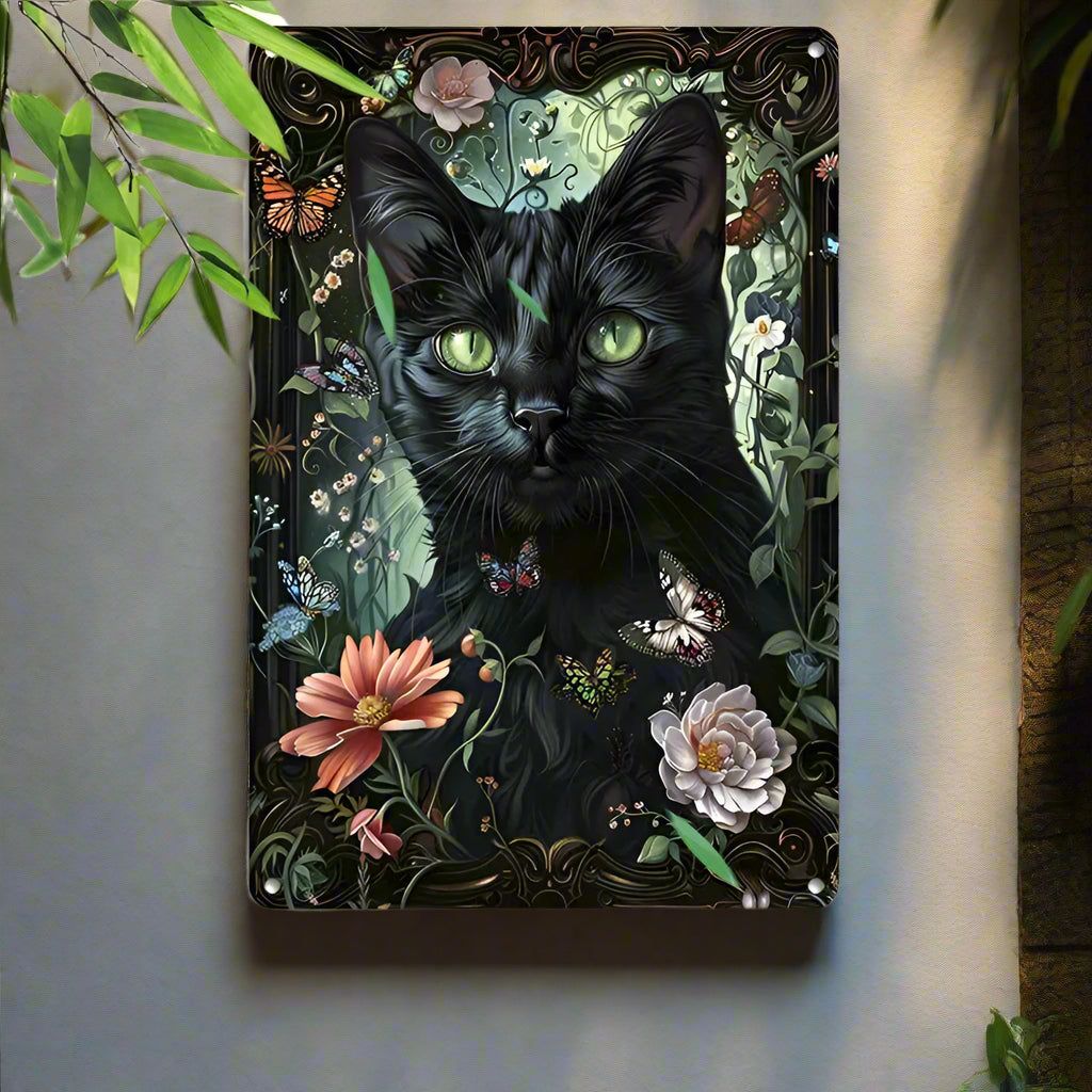 Vintage Black Cat with Green Eyes Wall Art Witchy Cat Metal Tin Sign-MoonChildWorld