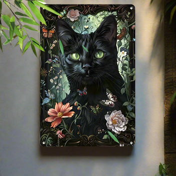 Vintage Black Cat with Green Eyes Wall Art Witchy Cat Metal Tin Sign