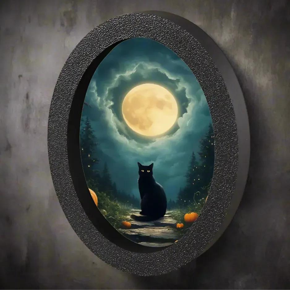 Moonlit Black Cat Wooden Oval Frame - Gothic Oval Wall Art - Spooky Halloween Wall Decoration-MoonChildWorld
