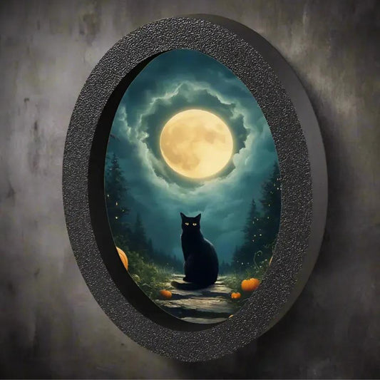 Moonlit Black Cat Wooden Oval Frame - Gothic Oval Wall Art - Spooky Halloween Wall Decoration