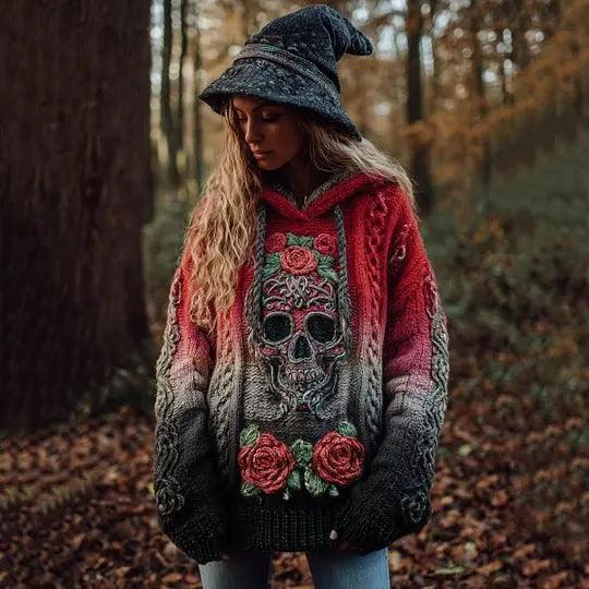 Gothic Halloween Oversized Sweaters Horror Skull Sweater O Neck Hooded Pullover-MoonChildWorld
