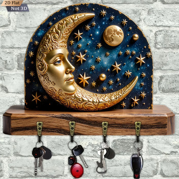 2D Crescent Moon Star Wood Key Rack - Celestial Moon Key Holder 4 Metal Hooks