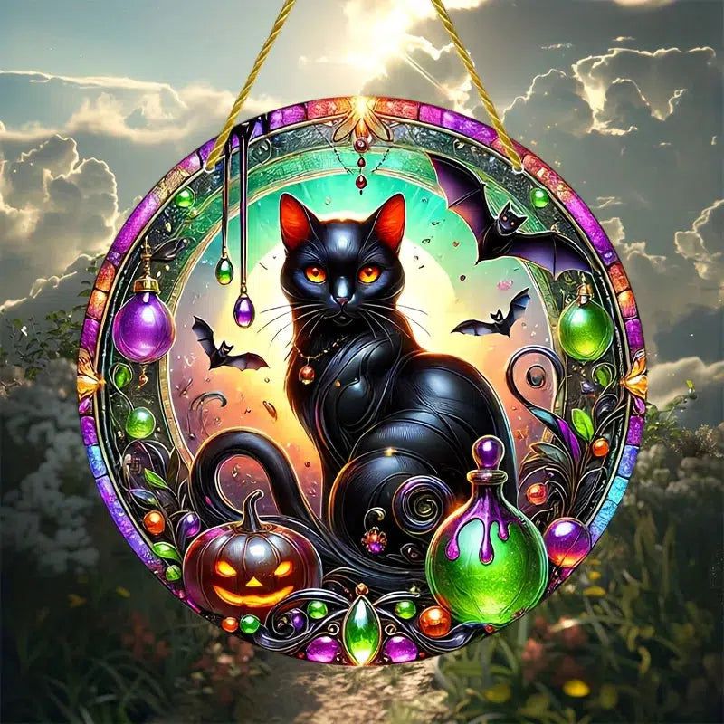 Halloween Black Cat Suncatcher Moon Cat Hanging Ornament Window Decorations-MoonChildWorld