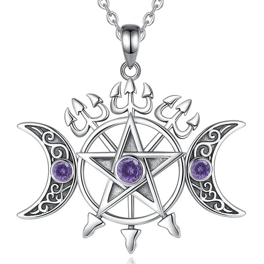 Triple Moon Pentagram Necklace Witch Jewelry