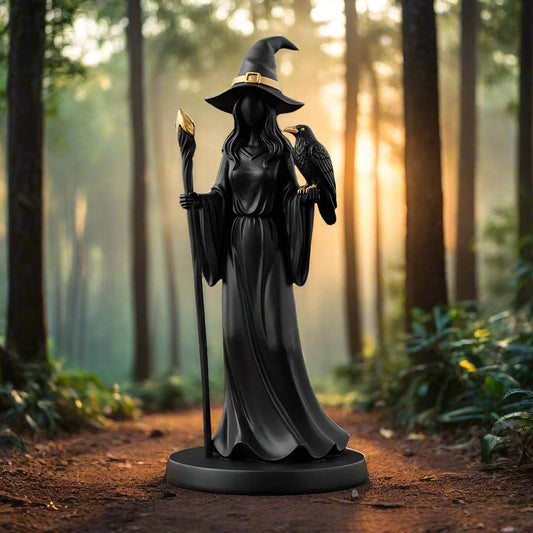 Synthetic Resin Witch Sculpture - Gothic Witch with Raven Figurine for Halloween Decor