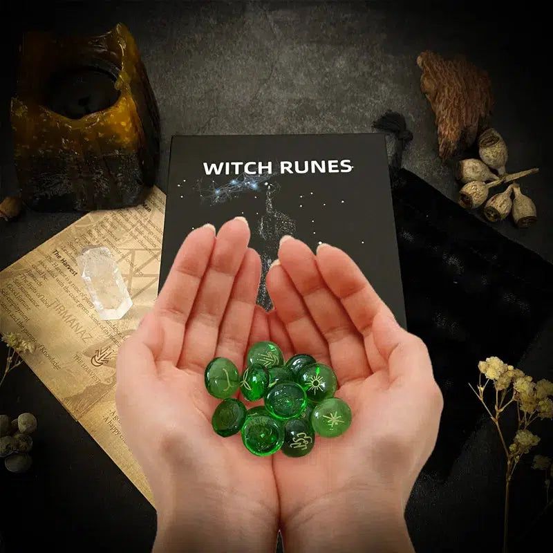 13Pcs Runes Glass Witch Runes Set Green Divination Rune Stone Fortune-telling Reiki Healing Wiccan Spiritual Ritual Gift Decor-MoonChildWorld