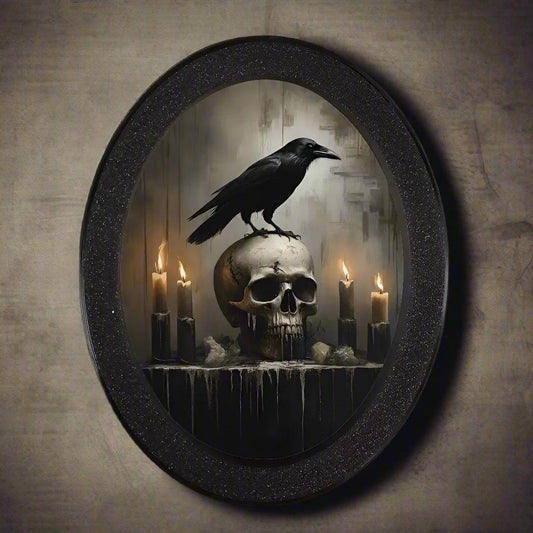 Gothic Skull Black Crows Wall Art - Witchy Raven Wooden Oval Frame Halloween Wall Decoration