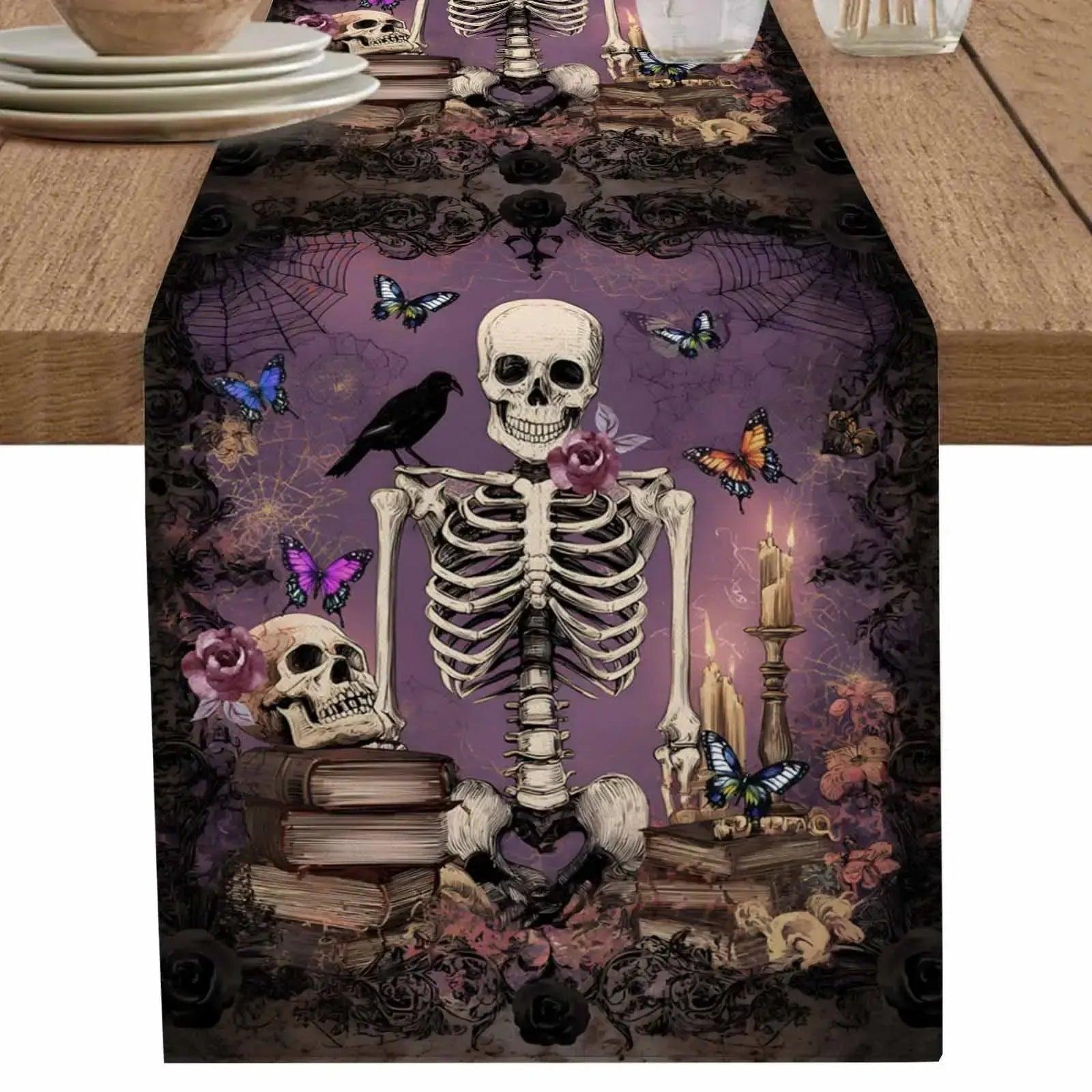 Purple Skull Witch Skeleton Table Runner Gothic Table Runner for Halloween Decor-MoonChildWorld
