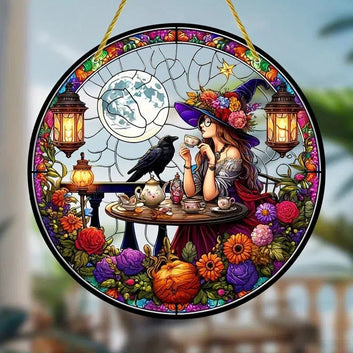 Crow and Witch Suncatcher Witchy Window Hanging For Halloween Decor