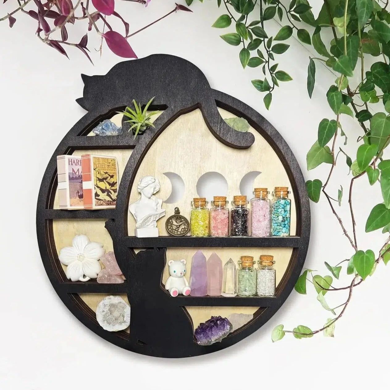 Witchy Display Stand Black Cat Moon Wooden Shelf-MoonChildWorld