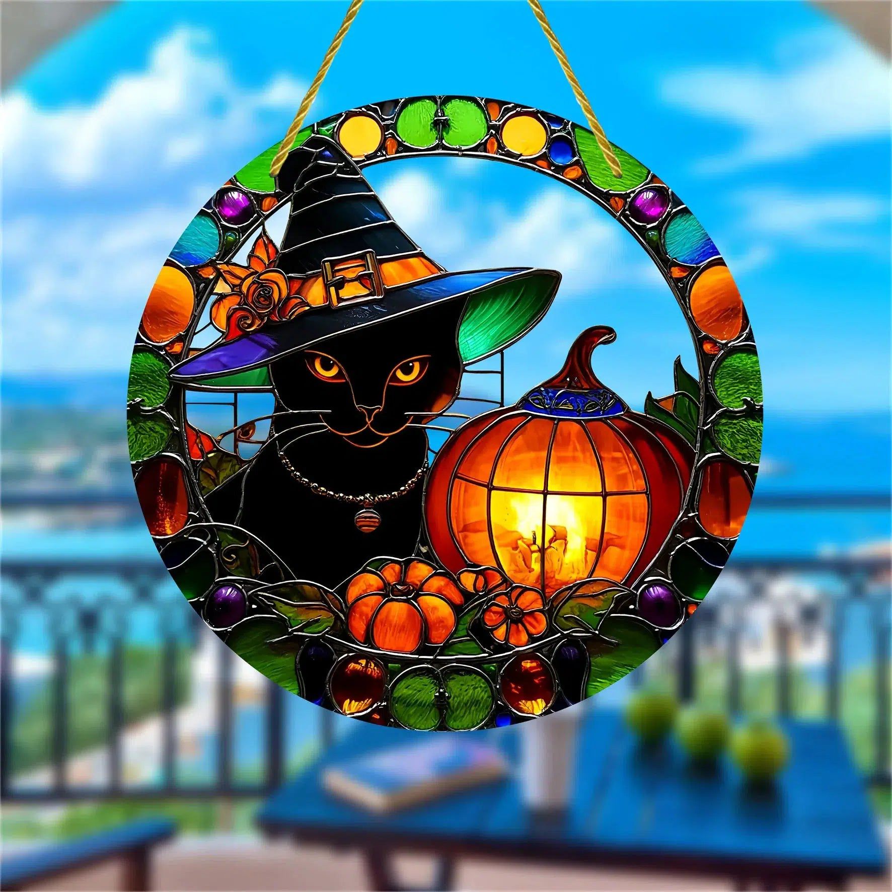 Witch Black Cat Suncatcher Halloween Acrylic Round Sign-MoonChildWorld