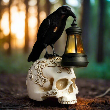 Gothic Crow Skull Night Light - Black Raven Table Lamp for Halloween Decor