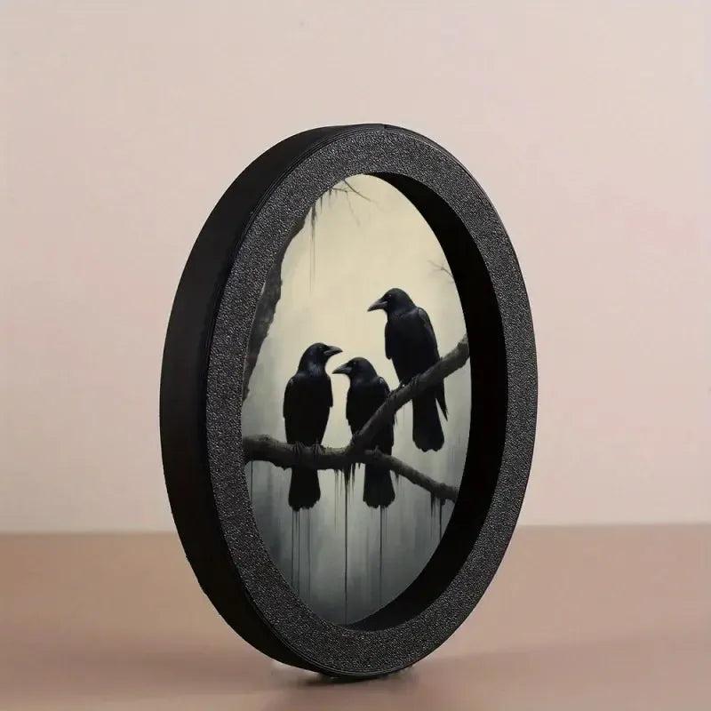 Gothic Raven Wooden Oval Frame - Dark Crows Oval Wall Art - Witch Halloween Wall Decoration-MoonChildWorld