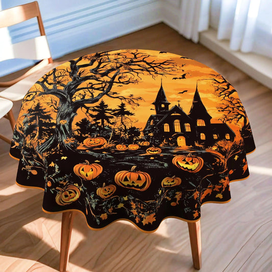 Pumpkin and Gothic Castle Spooky Tablecloth for Witch Halloween Home Decor