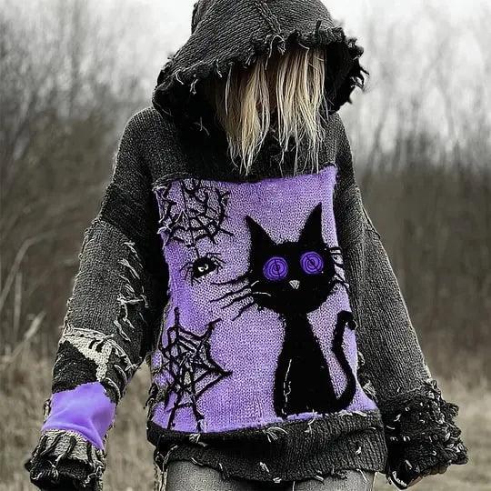 Gothic Halloween Oversized Sweaters Horror Black Cat Sweater O Neck Hooded Pullover-MoonChildWorld