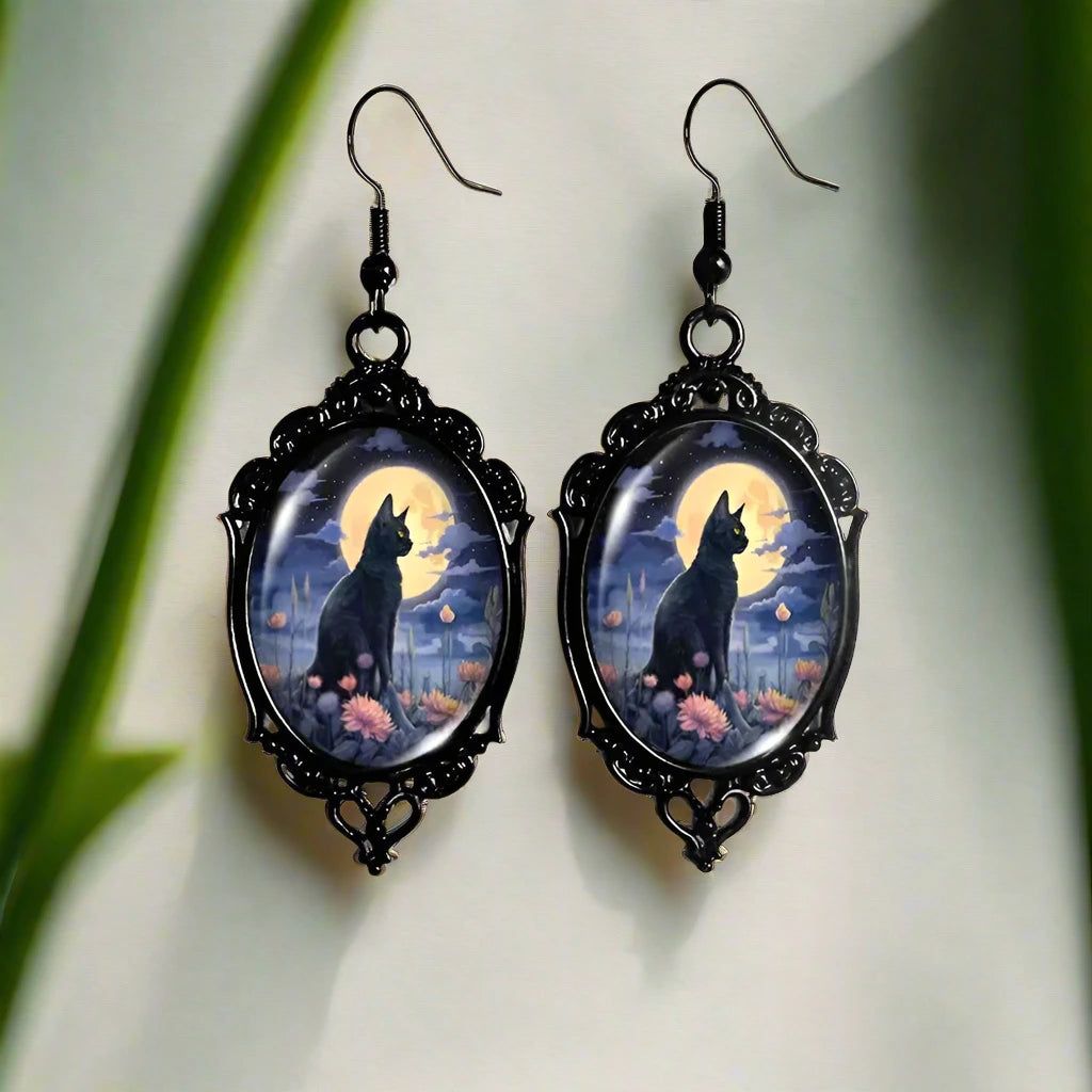 Gothic Cat Earrings Halloween Witch Black Cat Earrings-MoonChildWorld