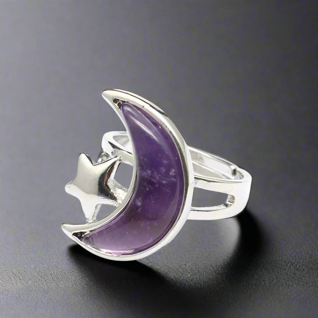 Natural Stone Fluorite Amethyst Obsidian Moon Star Ring Wiccan Jewelry-MoonChildWorld