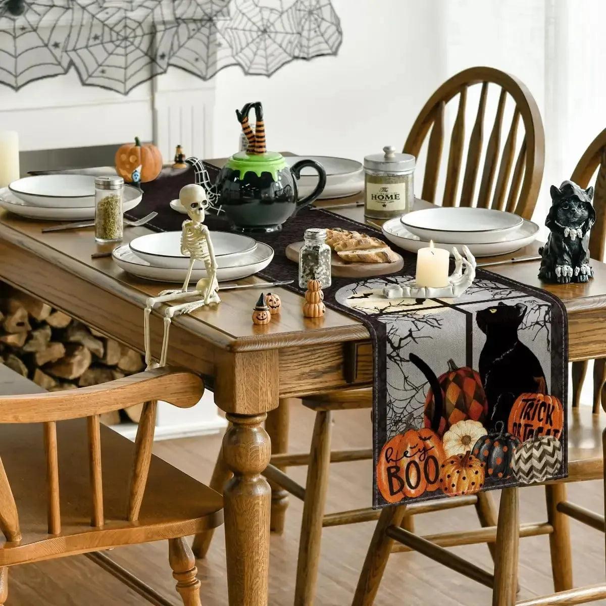 Gothic Black Cat Pumpkins Halloween Linen Table Runners - Trick or Treat Spooky Table Decor for Halloween-MoonChildWorld