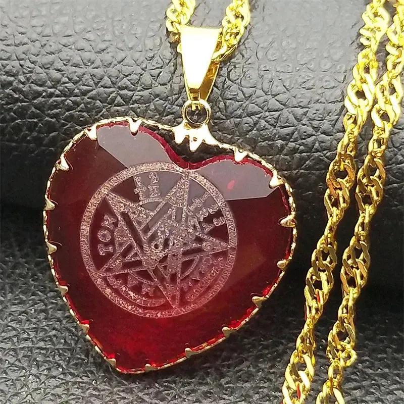 Tetragrammaton Hebrew Pentagram Heart Shaped Glass Necklace Witchcraft Jewelry-MoonChildWorld
