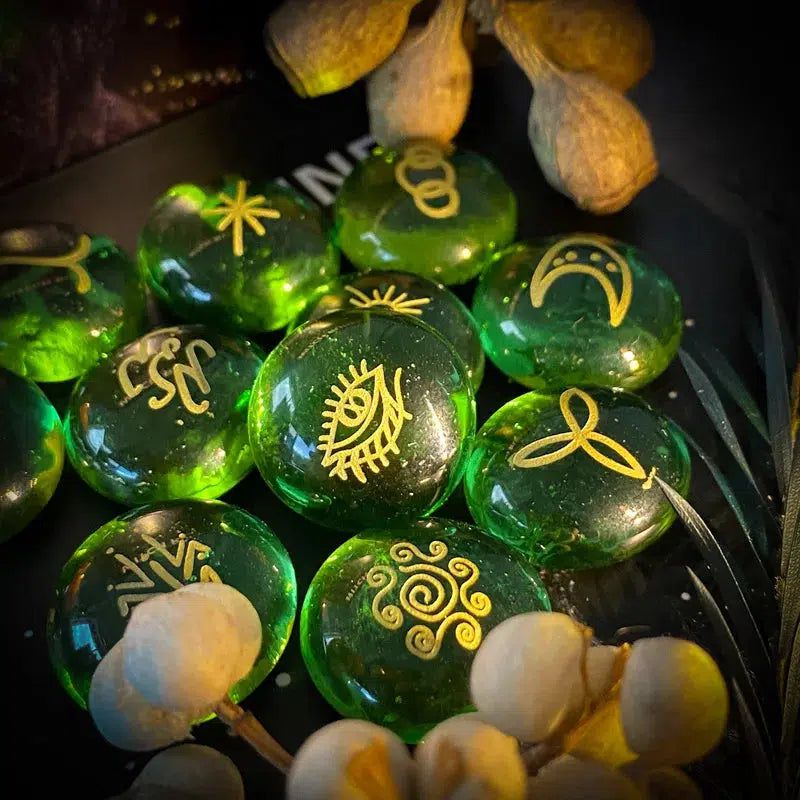 13Pcs Runes Glass Witch Runes Set Green Divination Rune Stone Fortune-telling Reiki Healing Wiccan Spiritual Ritual Gift Decor-MoonChildWorld