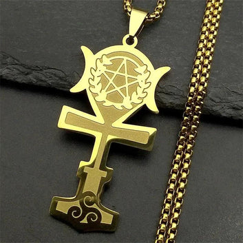 Wicca Triskele Pentagram Triple Moon Goddess Necklace Egyptian Ankh Cross Necklace Witchcraft Jewelry