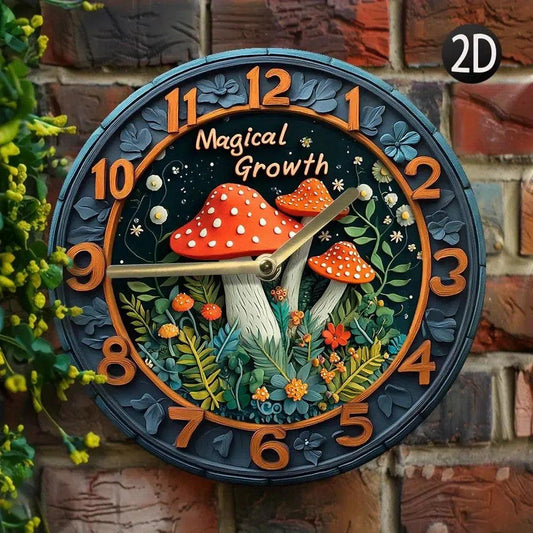 Enchanted Forest Metal Wall Clock - Whimsical Mushroom & Floral Design Wiccc Wall Clock