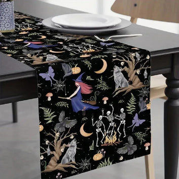 Fantasy Halloween Table Runner with Witch, Skull, Natural Elements