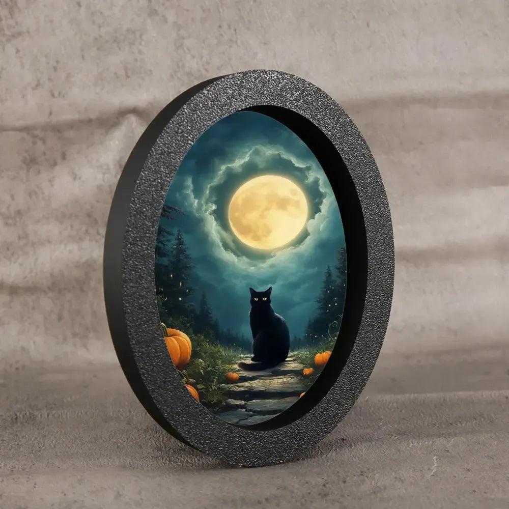 Moonlit Black Cat Wooden Oval Frame - Gothic Oval Wall Art - Spooky Halloween Wall Decoration-MoonChildWorld