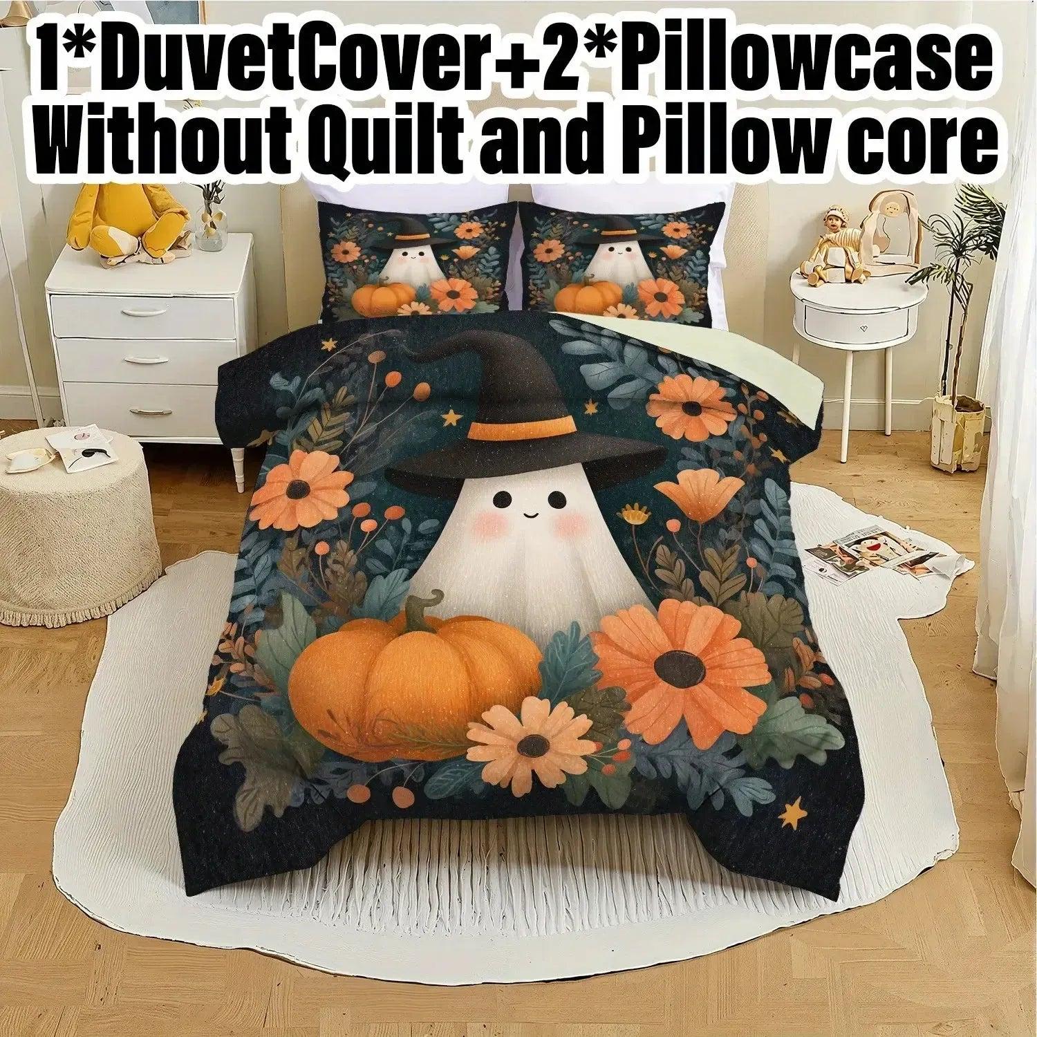 Spooky Pumpkin Ghost Duvet Cover Set Halloween Bedding Set Witch Home Decor-MoonChildWorld