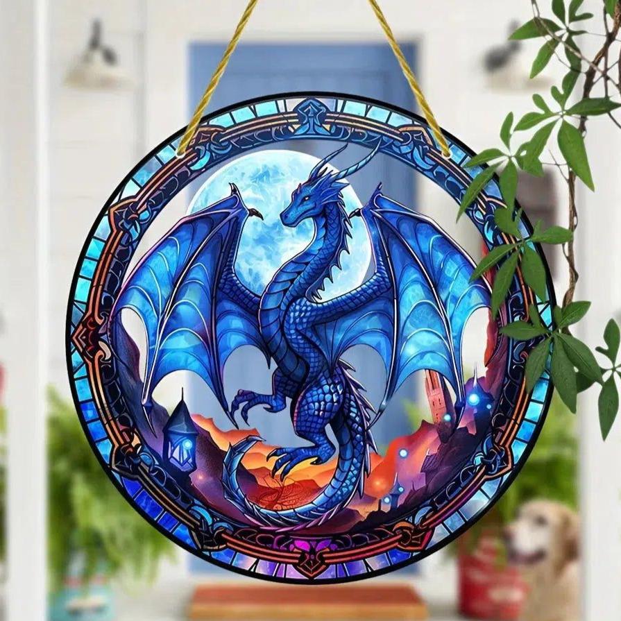 Blue Ice Dragon Suncatcher Dragon Hanging Sign-MoonChildWorld