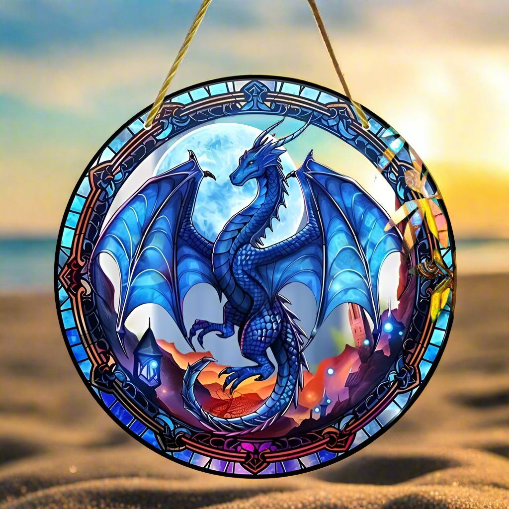 Blue Ice Dragon Suncatcher Dragon Hanging Sign-MoonChildWorld