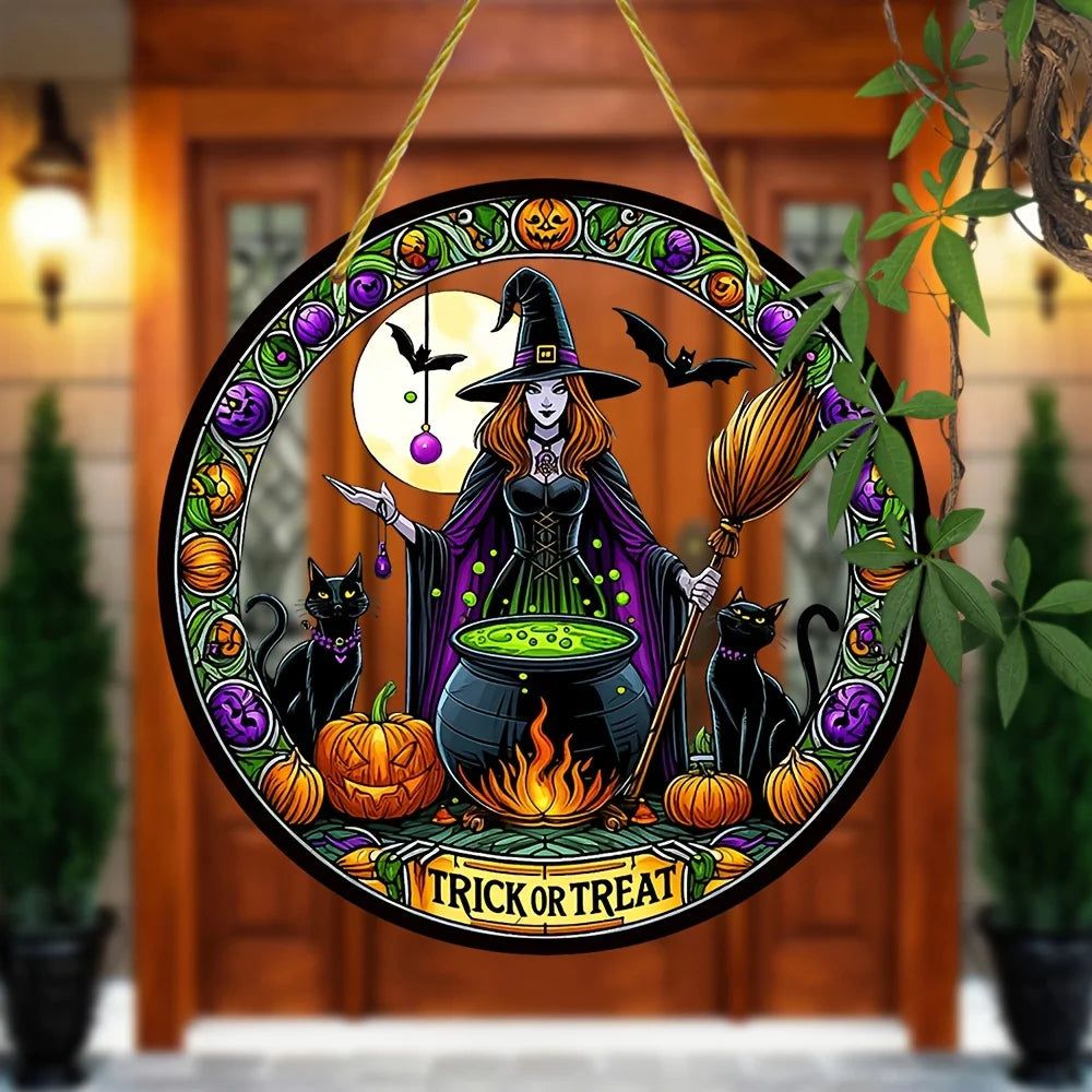 Trick or Treat Gothic Witch Suncatcher Halloween Acrylic Round Sign-MoonChildWorld