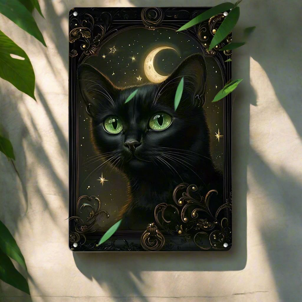 Vintage Black Cat with Green Eyes Wall Art Witchy Cat Metal Tin Sign-MoonChildWorld