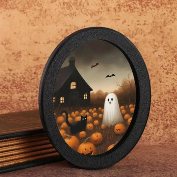 Pumpkin Ghost & Black Cat Wooden Oval Frame - Spooky Oval Wall Art - Halloween Wall Decoration