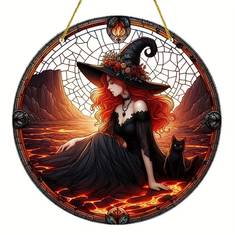 Black Cat and Witch Suncatcher Mystic Witch Window Hanging-MoonChildWorld