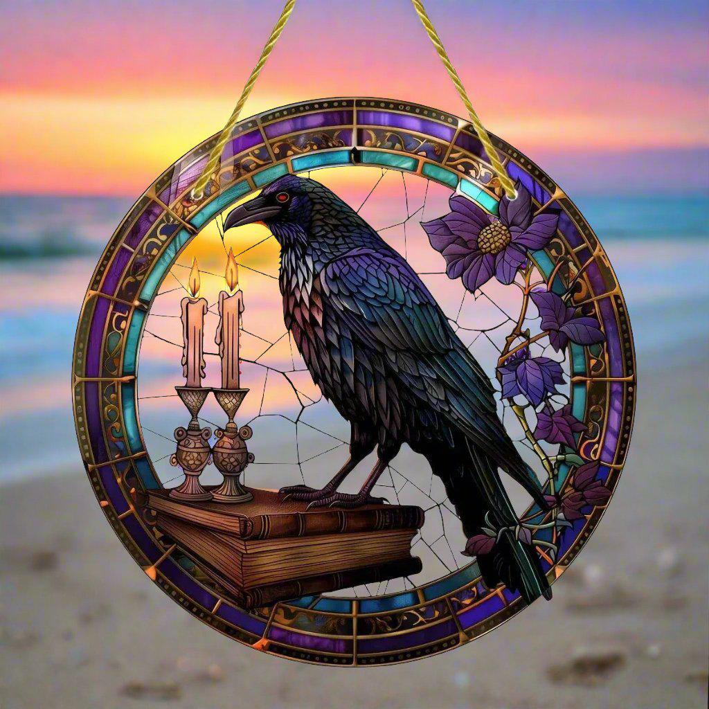 Spell Book and Dark Raven Suncatcher Crow Window Hanging Gothic Crow Suncatcher-MoonChildWorld