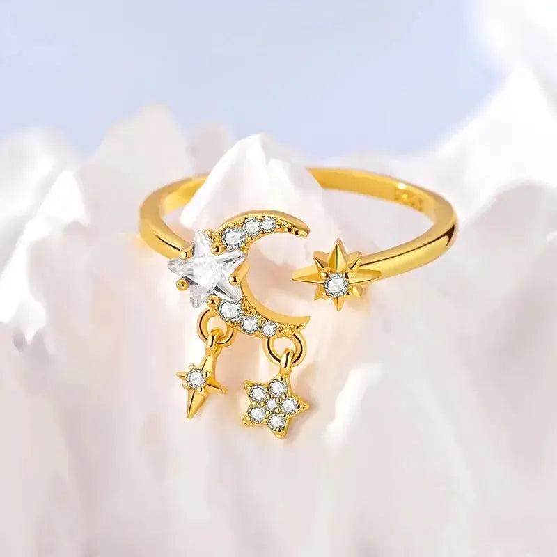 925 Sterling Silver Star Moon Tassel Open Ring-MoonChildWorld