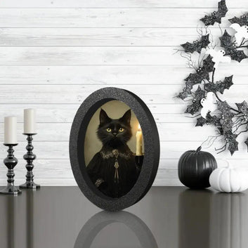 Black Cat Gothic Wooden Oval Frame - Mystical Cat Oval Wall Art for Halloween Wall Decoration