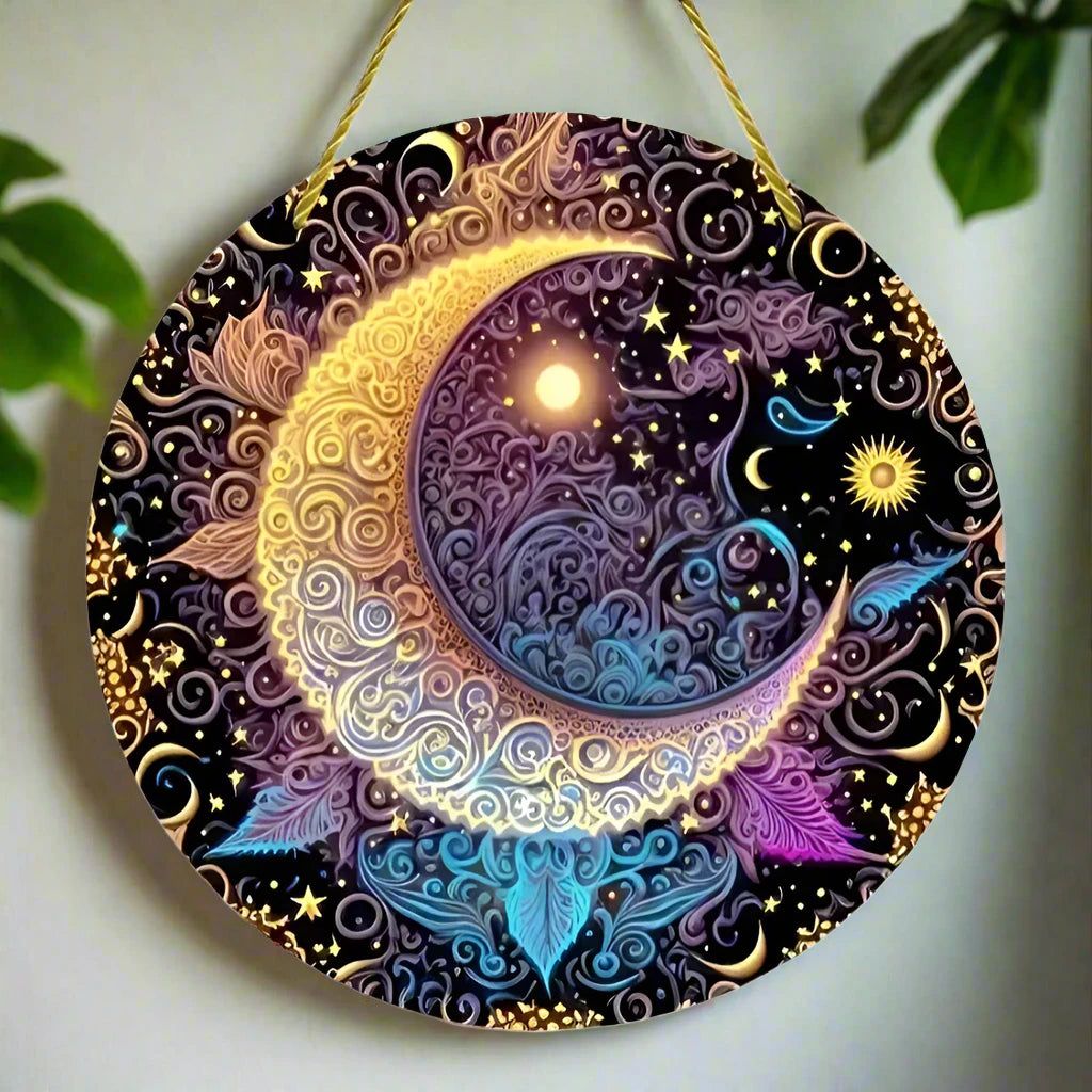 Wicca Sun and Moon Wooden Sign Celestial Goddess Hanging Sign-MoonChildWorld