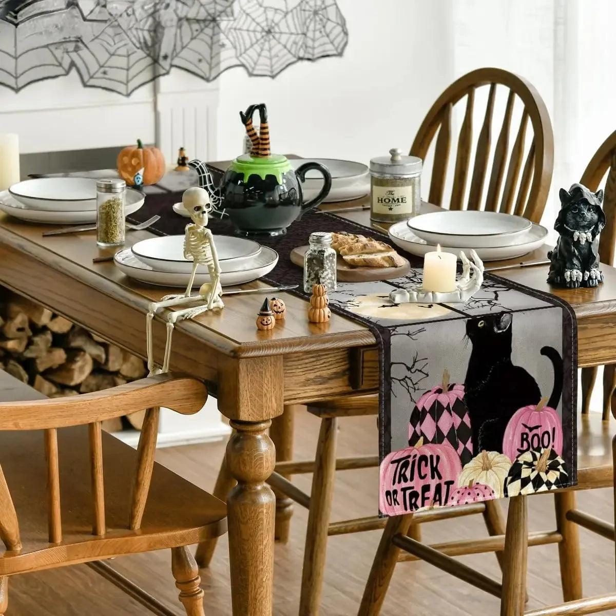Gothic Black Cat Pumpkins Halloween Linen Table Runners - Trick or Treat Spooky Table Decor for Halloween-MoonChildWorld