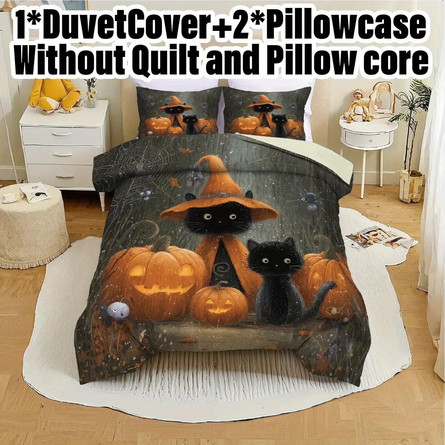 Spooky Pumpkin Black Cat Duvet Cover Set Halloween Bedding Set Witch Home Decor-MoonChildWorld