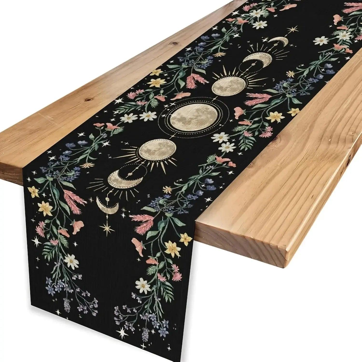 Mystical Moon Phase & Wild Floral Linen Table Runner - Lunar Cycle Table Runner Astrology Home Decor-MoonChildWorld
